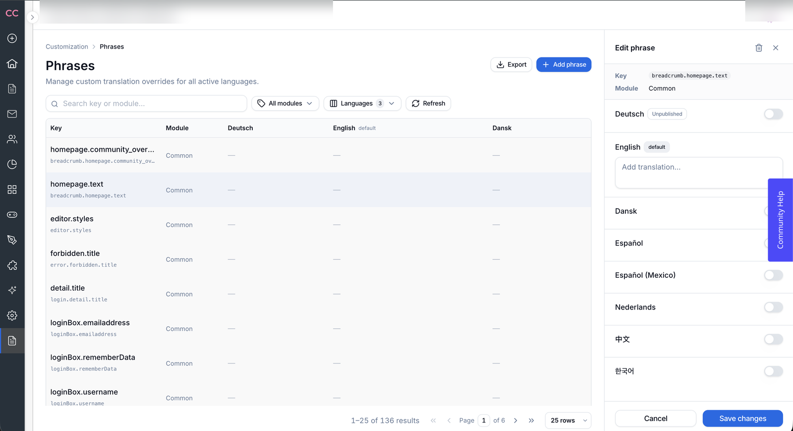 Phrases & translations, regenerated with @sfontfrgs/ui: key search, language filters, slide-in edit panel