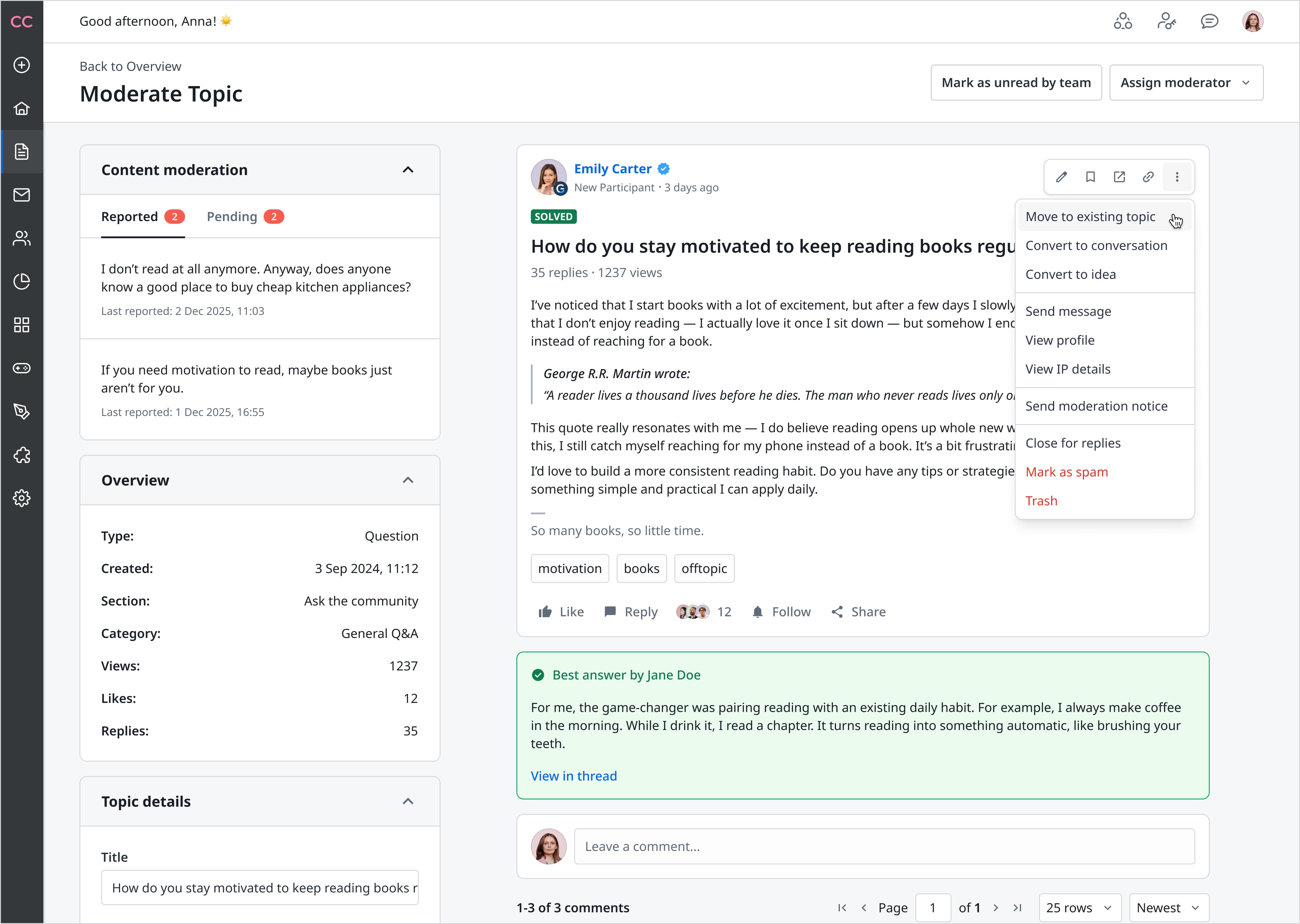 Gainsight admin two-column moderation layout