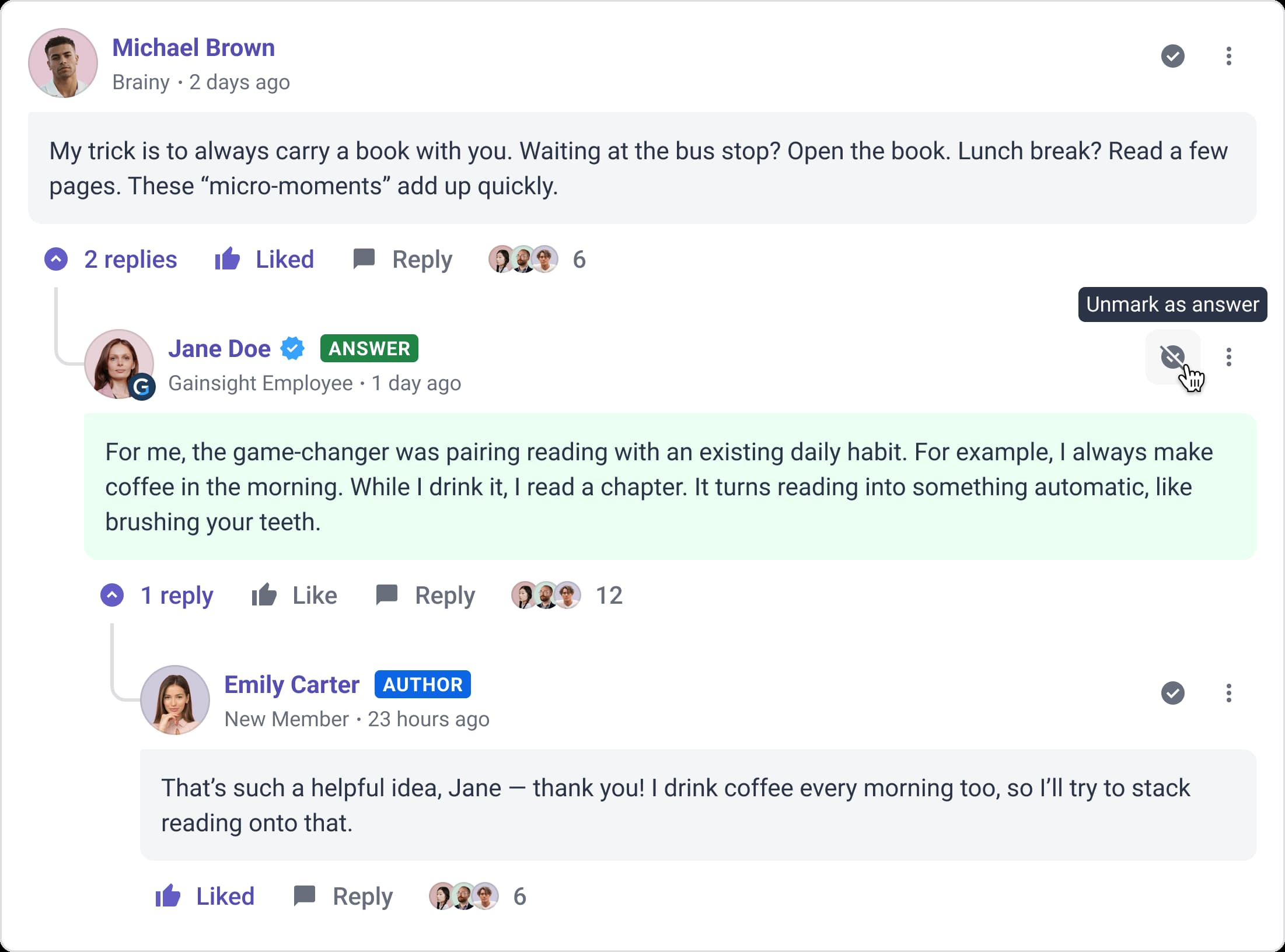 Gainsight thread replies desktop view