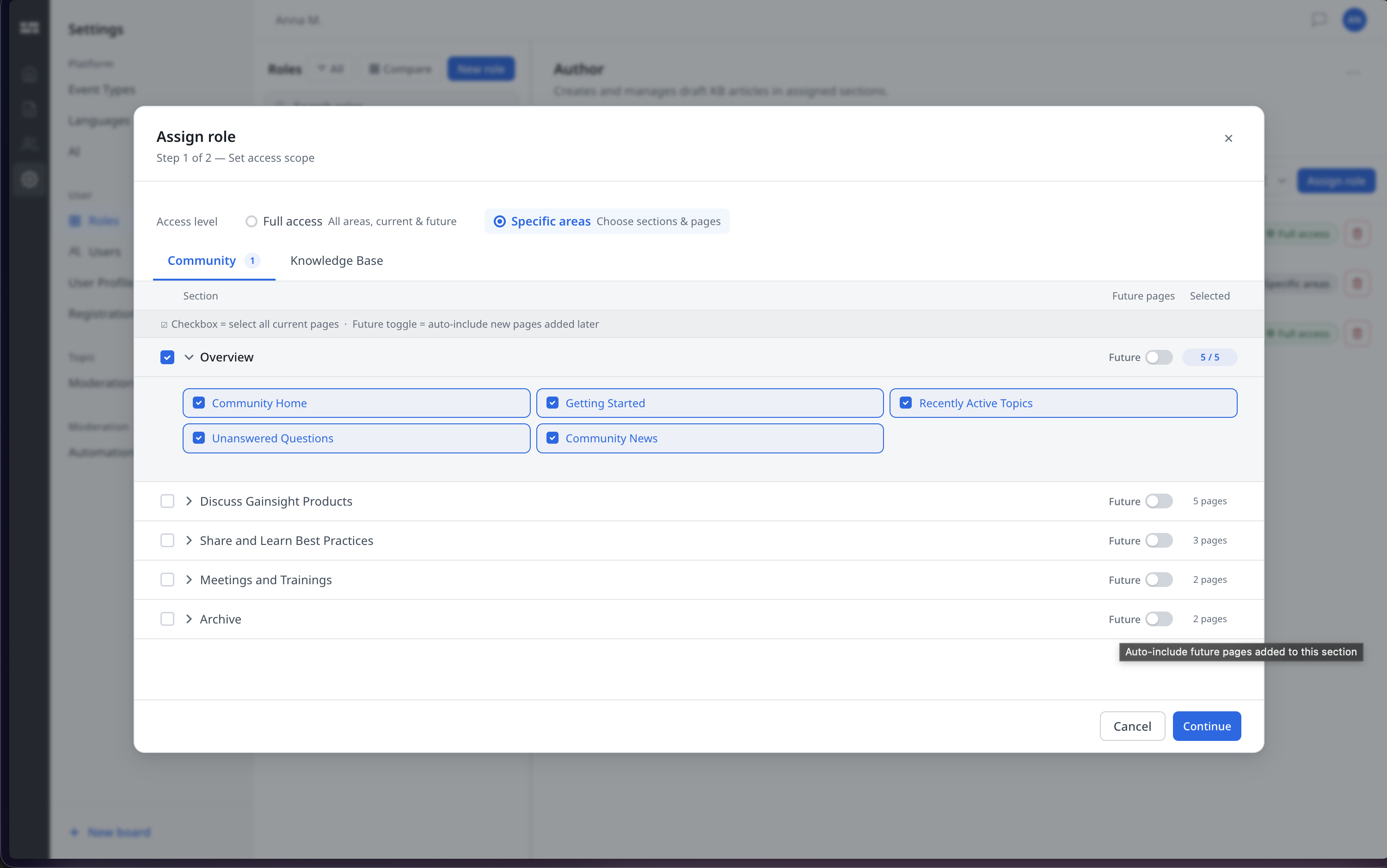 The assign-scope step: Full access vs Specific areas, with a section tree for Community and Knowledge Base