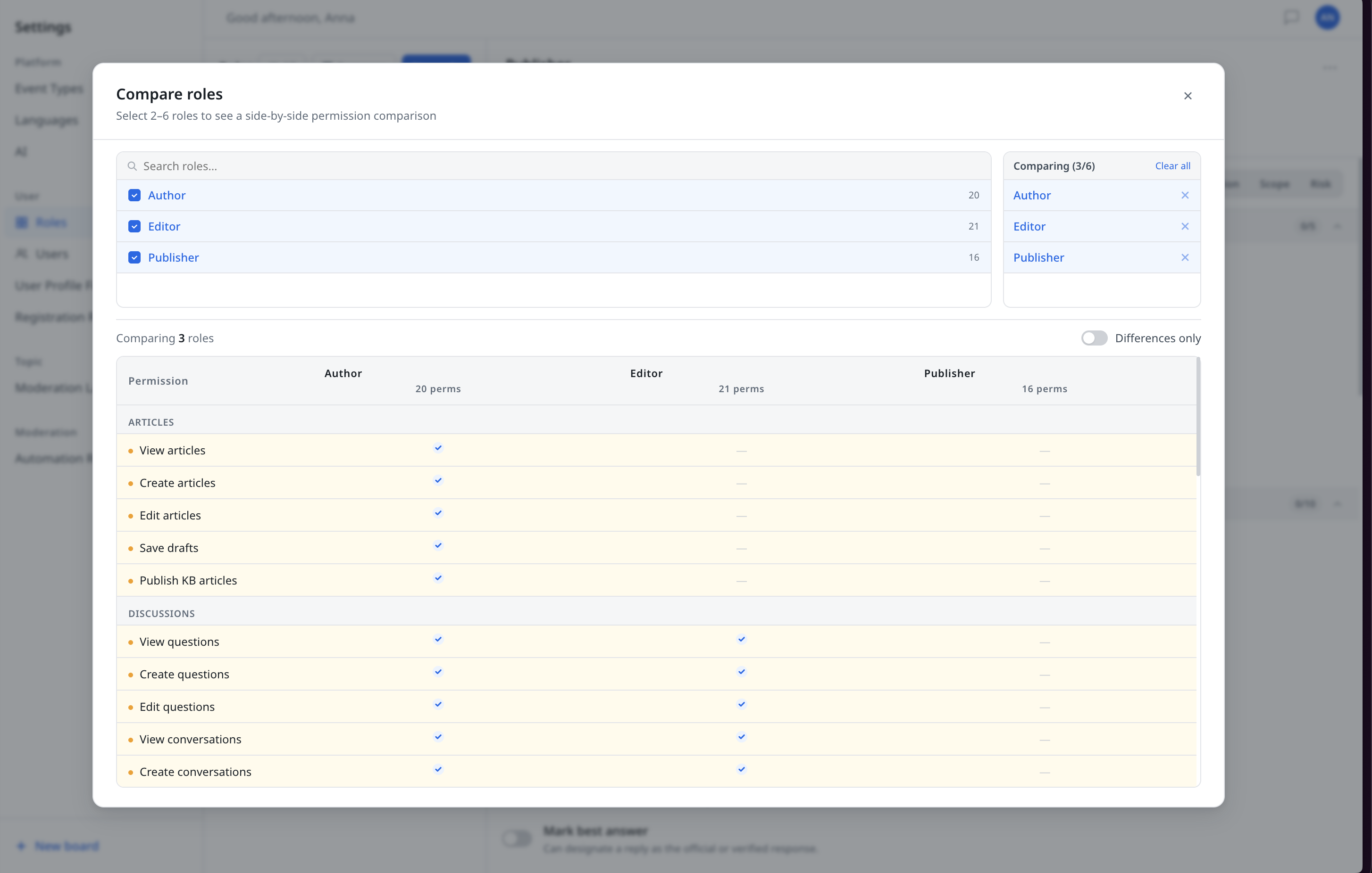 RBAC compare roles modal — side-by-side permission table with differences toggle