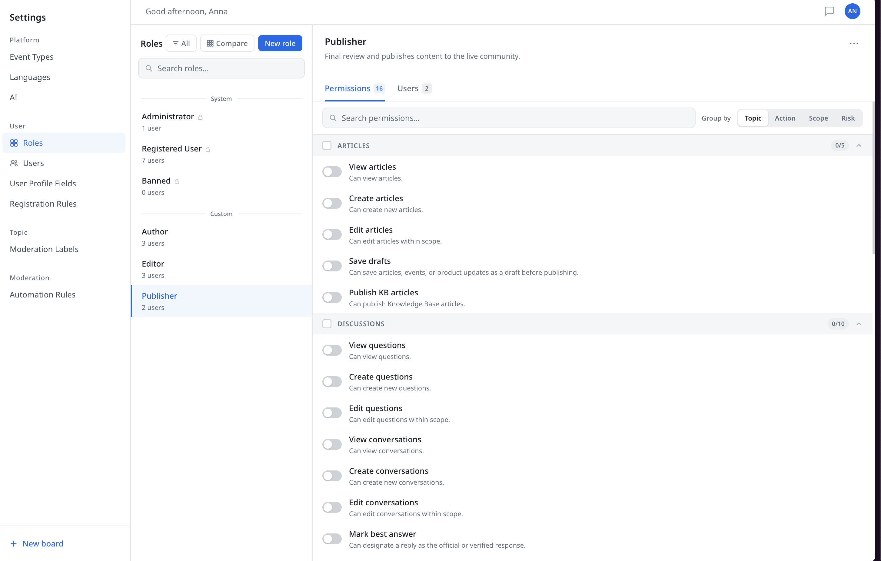 RBAC roles overview — roles list with permissions grouped by content type