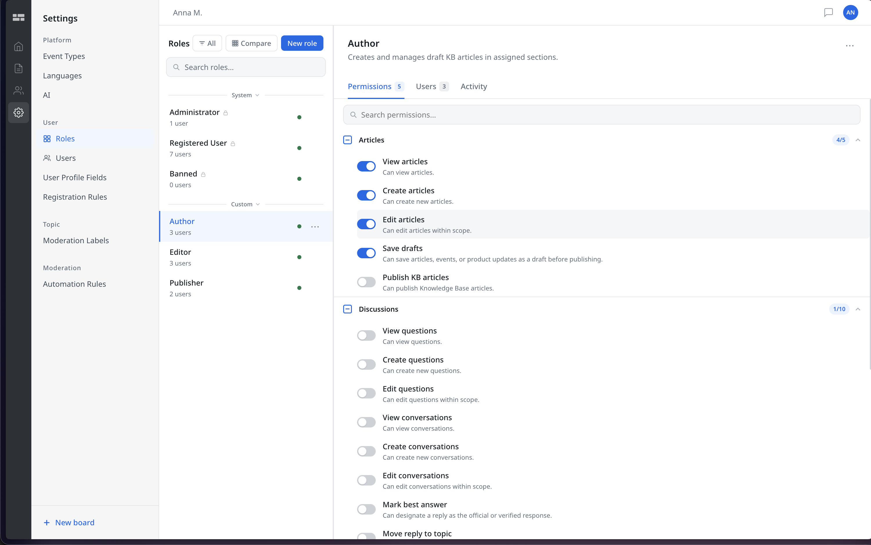 The prototype permission editor: grouped by content type, with live counts and search, scaling to 100+ permissions