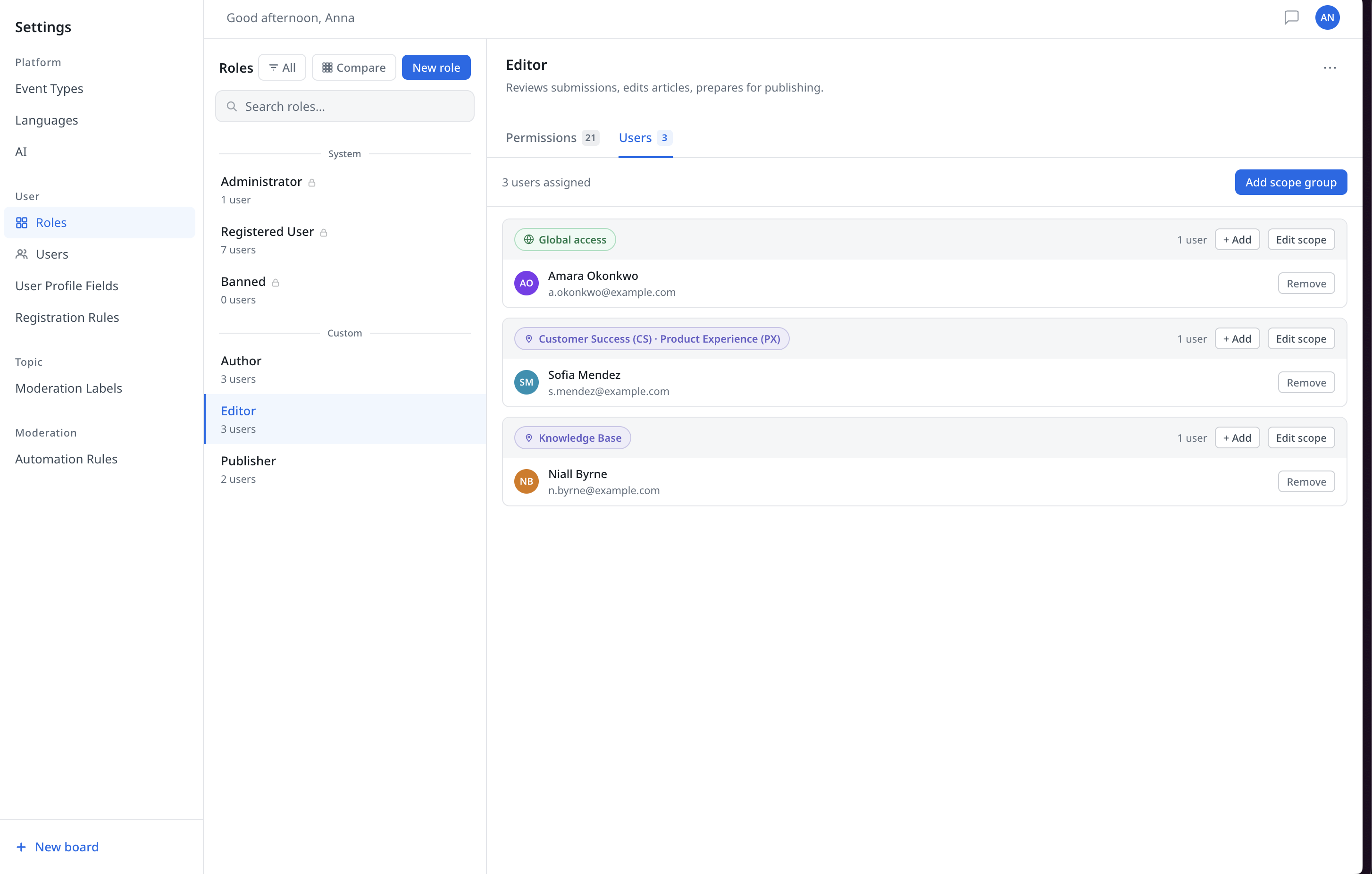 RBAC users tab — scope groups showing the same role assigned with different scopes