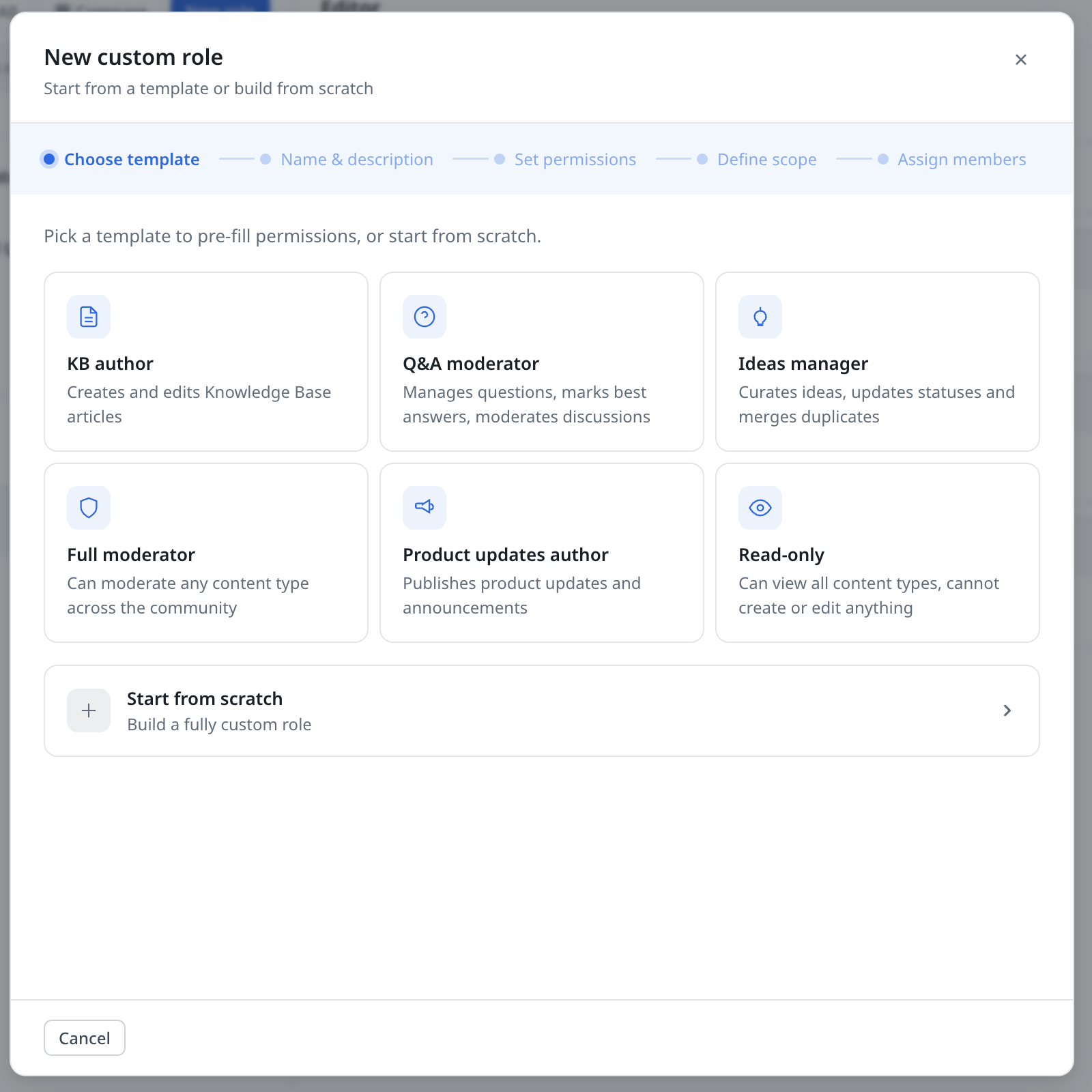 RBAC scope assignment modal — Global access vs Specific areas with community tree